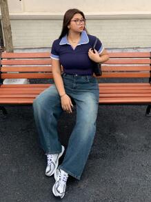 Dazy Plus Washed Distressed Loose Wide Leg Baggy Jeans, Street Style, All Season - Medium Wash - View 7