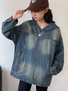 SHEIN 少女复古90年代水洗休闲宽松连帽牛仔外套，适合秋冬季节、返校季、街头风，酷炫舒适百搭，适合上学、居家和旅行穿着。 - 中等水洗藍 - 查看 3