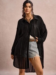SHEIN VCAY 大码女式纯色落肩长袖单排扣休闲长衬衫 - 黑色 - 查看 6