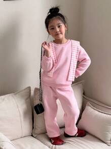 SHEIN 3pcs/Set Young Girl Light Pink Sweatshirt,Matching Pants & Striped Shawl,Back-To-School Summer Career Day Cute Round Neck Long Sleeve Outfits - Pink - View 6