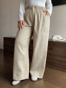 Dazy Plus 弹性腰部宽松直筒休闲大码女式长裤，春秋 - 淺灰色 - 查看 4
