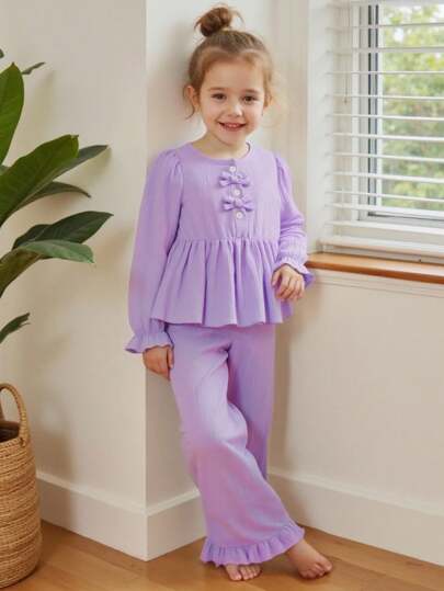 SHEIN Young Girl Bow Decor Round Neck Puff Sleeve Top And Ruffle Hem Pants Casual Outfit, Suitable For Outings Or Comfortable Home Wear, Versatile