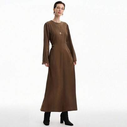 플레인 크루넥 패셔너블 미니멀리스트 새틴 허리 플리츠 슬림핏 롱 드레스, 캐주얼 모임과 휴일용, 가을/겨울