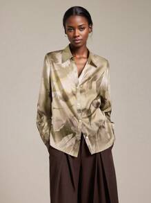 Ontre Women's Elegant Floral Print Satin Shirt,2025 Autumn Long Sleeve Collared Blouse,Olive Green Office Wear,Business Casual Old Money Style,Urban Chic - Yellow - View 4