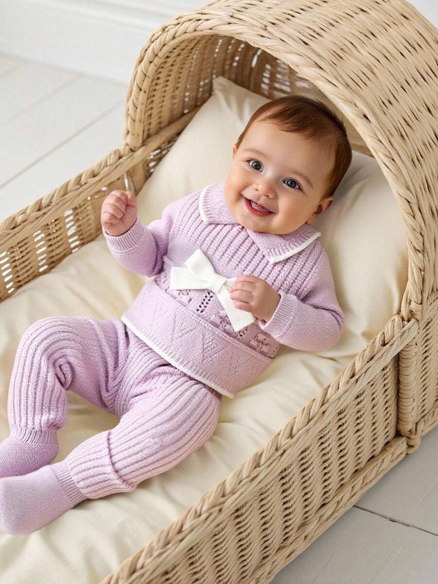 Baby Mädchen Pullover Co-Ords, modisch lässig süß Langarm Rüschenkragen mit Schleife Dekor gestrickter Pullover und passende gestrickte Leggings 2-teiliges Set, weicher Stoff geeignet für täglichen Gebrauch, Ausflüge, Reisen, Urlaub, Zuhause, Kinderbetreuung und Baby Mädchen Spiel, Baby lila Outfit Baby Mädchen Winter Sets Flieder Baby Mädchen Outfit Baby Mädchen gestrickte Outfits Neugeborene Baby Mädchen gestricktes Outfit - Mauve - Übersicht 1