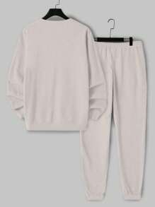 EURMUSE Men's Casual English Print Sweatshirt Set - Krem - View 2