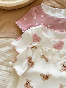 SHEIN LMoss Kids LMoss  6pcs Baby Girl Cute Cartoon Bear & Floral Print Ruffle Trim Round Neck Short Sleeve Top And Pants Casual Comfy Knit Pajama Set Graphic Teddy Bear Baby Clothes Baby Girl Pajama Set Heart Print Baby Pajamas Baby Girl Clothes Set Newborn Baby Girl Clothes - Multicolor - View 6