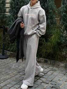 DAZY 男士灰色连帽衫套装，带字母印花织唛，秋季保暖内衬，冬季 - 灰色 - 查看 7