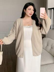 Dazy Plus Cardigan ample à manches lanternes et col V pour femmes grandes tailles, veste d'automne/hiver - Camel - Voir 5