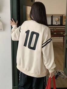 Dazy Plus Plus Size Varsity Jacket, Contrast Color Block & Numeric Print, Long Sleeve Loose Fit Plus Size Casual Coat For Women School - Apricot - View 2