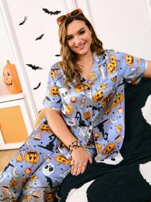 Chillnights Plus Size Halloween Skeleton & Pumpkin Pattern Satin Pajama Set - Multicolor - View 4