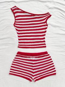 Soleia Women's Vacation Spring/Summer Apricot & Black Striped Knit Asymmetrical Shoulder Fitted Top And Super Low-Waist Skinny Shorts 2-Piece Set, Suitable For Party, Date, Beach, Cruise, Holiday, Vacation, Music Festival, Boho 2 Piece Woman Set Summer Knit Two Piece Set Striped Two Piece Set Red Two Piece Set 2piece Summer Sets - Red and White - View 2