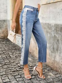 EMERY ROSE 女士休闲纽扣蕾丝拼布牛仔裤，适合日常穿着 - 中等水洗藍 - 查看 5