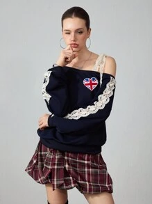 ROMWE Avant Women's Flag Print Contrast Lace Oblique Shoulder Long Sleeve Casual Sweatshirt - Navy Blue - View 4