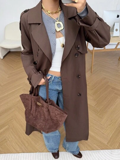 SHEIN EZwear Women's New Brown Double-Breasted Long Trench Coat, Fall Clothes For Women,