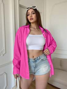 INAWLY 女式加大码纯色长袖单排扣休闲衬衫 - 玫紅色 - 查看 4