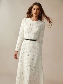 Chiquease Solid Color A-Line Knit Dress, Round Neck Hollow Out Bohemian Style Knit Dress Fall Winter Cloth For Women - Apricot - View 5