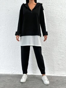 RueChic Women's Zip-Up Hooded Long Sleeve Long Top & Drawstring Waist Loose 2 Pieces Set - Black and White - View 5