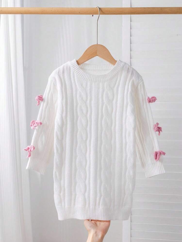 SHEIN 秋冬少女纯色圆领3D蝴蝶结针织毛衣裙 - 白色 - 查看 6