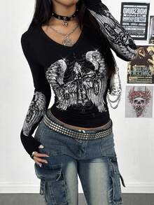 StreetHx T-shirt à manches longues col V pour femmes, imprimé d'ailes gothiques noires, ajusté et confortable, style punk Y2K , look preppy, idéal pour la rentrée scolaire, streetwear - Noir - Voir 3