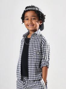 SUMWON Kids Checkered Long Sleeve Button Down Casual School Uniform Comfortable Preppy Classic Regular Fit Navy Plaid Shirt With Logo Badge Fall Winter - Royal Blue - View 1