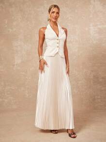 Lumalex Women's Off-White Summer Elegant Formal 2pcs Set,Metal Buckle V-Neck Ruched Waist Top & Satin Shiny Pleated Maxi Skirt,Old Money Wedding Guest Outfit - Apricot - View 8