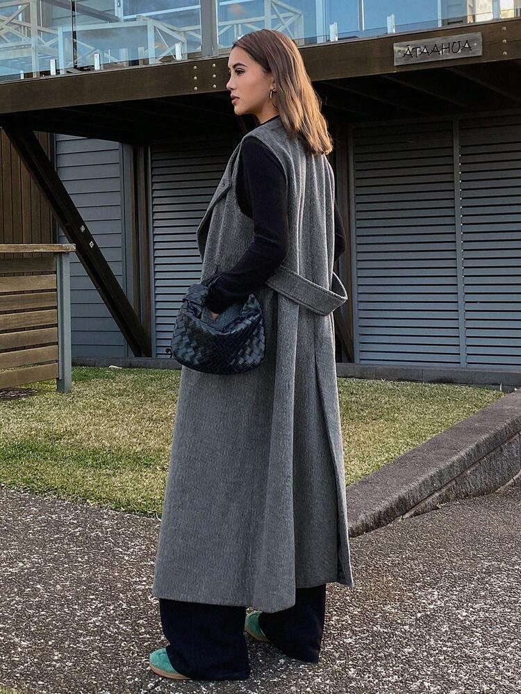Women's Sleeveless Long Gray Woolen Coat, Casual & Business Versatile Vest