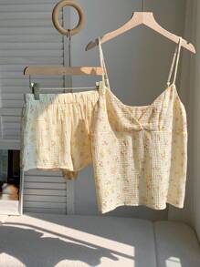 Comfortcana 2pcs/Set Floral Print V-Neck Camisole And Shorts Set, Summer Floral Two Piece Set Cotton Summer Set Cotton Summer Pajamas - Apricot - View 3
