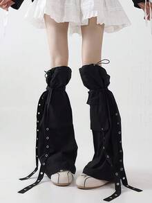 ROMWE Grunge Punk 1 Cặp quần ống bó ống chân có dây buộc nhiều túi phong cách Punk thời trang đường phố dành cho nữ, ống bó ống chân màu trơn dài đến đầu gối, thời trang cá tính dành cho giới trẻ thế hệ Millennials - màu đen - Xem 5