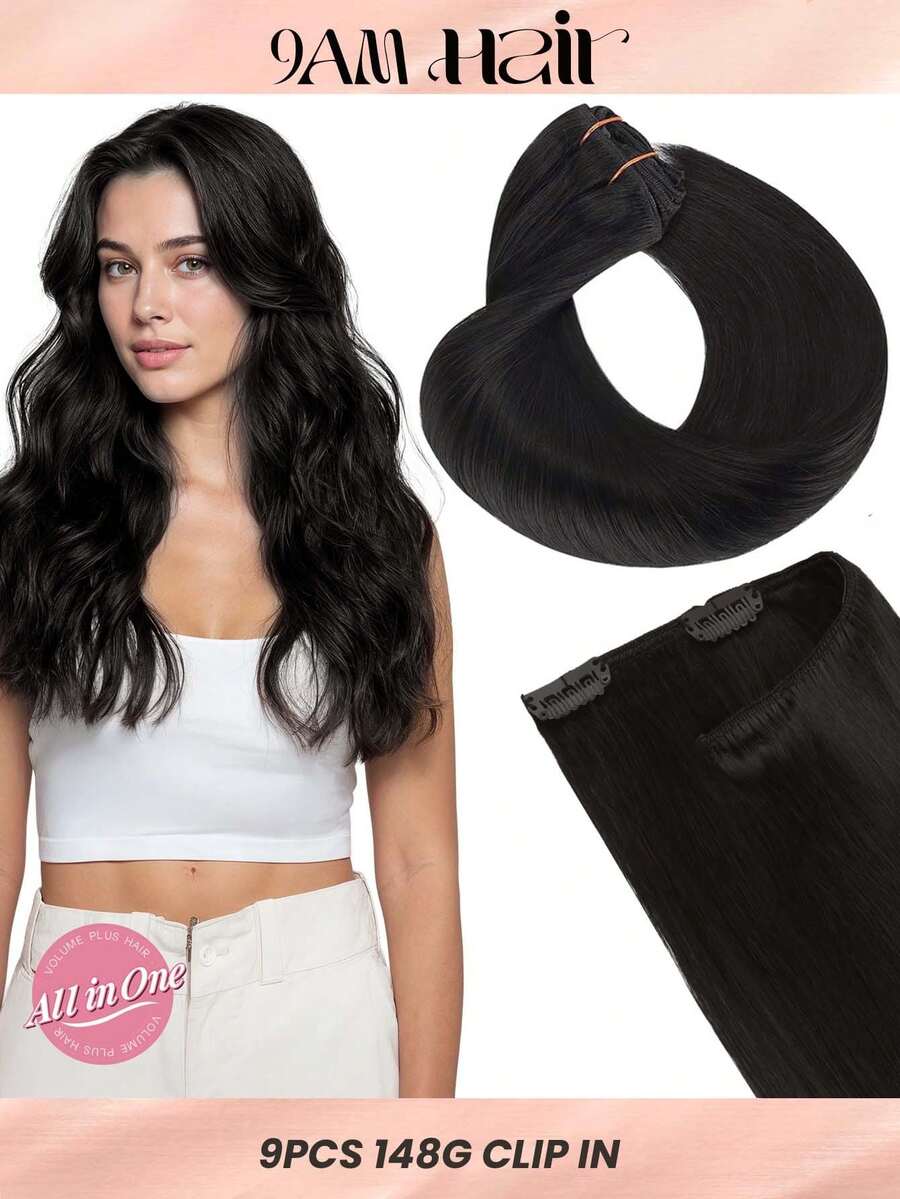 9PCS Straight Clip In Hair Extensions 100% Real Human Hair 14-24 Inch 148G Double Weft Invisible Clip Hair Extensions Remy Human Hair For Women Girls Daily Use - S1B - View 1