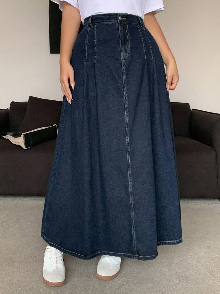 Dazy Plus Plus Size Women Dark Wash Denim A-Line Skirt, Autumn - Dark Wash - View 3