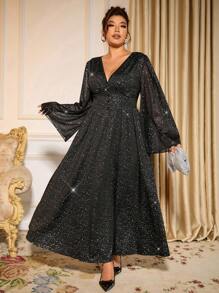 Allurite Christmas Plus Size Women's V-Neck Semi-Sheer Flare Sleeve Metallic Glitter Party Elegant Long Maxi Dress, Black Fall Cloth For Women Halloween - Black - View 5