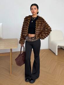 SHEIN EZwear Women's Fall New Sexy Knit Patchwork Leopard Print Faux Fur Low Waist Flare Pants - Black - View 5