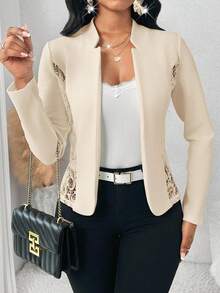 SHEIN Lady 2025新款秋季休闲优雅纯色撞色蕾丝西装外套女士秋季服装商务休闲女装办公室女装工作服女装秋季女装教堂女装机场女装优雅女装乡村女装商务职业女性外出工作服 - 杏色 - 查看 3