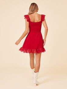 SHEIN VCAY Women's Summer V-Neck Short Flutter Sleeve Solid Color Dress - Red - View 4