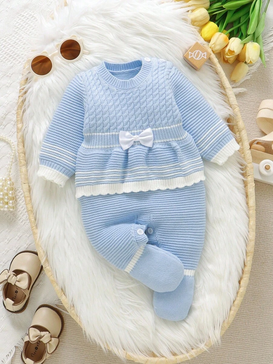 Baby Girls' Bow & Ruffle Trim Knitted Jumpsuit,Blue And White,Autumn,Elegant,Family Matching,Soft Sweater Romper Outfit For Daily Wear,Fall Winter - Blue - View 1