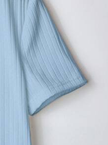 Everyssa Áo thun nữ tay ngắn cài nút phía trước màu trơn thanh lịch, mùa hè - Màu xanh lam - Xem 4