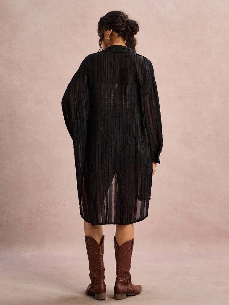 SHEIN VCAY Plus Size Women's Solid Color Drop Shoulder Long Sleeve Single-Breasted Casual Long Shirt Oversized Button Up Women Oversized Blouse Sheer Blouse Autumn Clothes Business Casual Button Up Shirt Women Teacher Shirts,Fall Clothes For Women Halloween Clothes Women - Black - View 2
