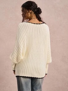 SHEIN VCAY 大码女式蝙蝠袖宽松休闲套头衫 - 米色 - 查看 2