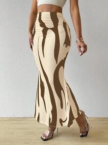 BamGleam 女式印花美人鱼长裙 女式秋季服装 - 鏽棕色 - 查看 3