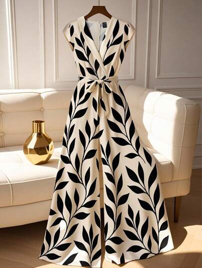 SHEIN Holidaya Women's Summer Leaf Flora Print Elegant Jumpsuit,Cinched Waist Wide Leg Romper For Brunch,Beige Black And White Summer Elegant Wide Leg Jumpsuit
