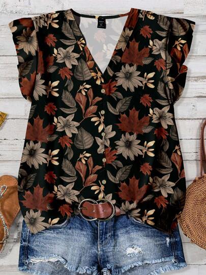 Mellowie VCAY Vintage Fall Leaf & Floral Print Casual Plus Size Women Blouse, Suitable For Summer Autumn And Winter Chic Blouse