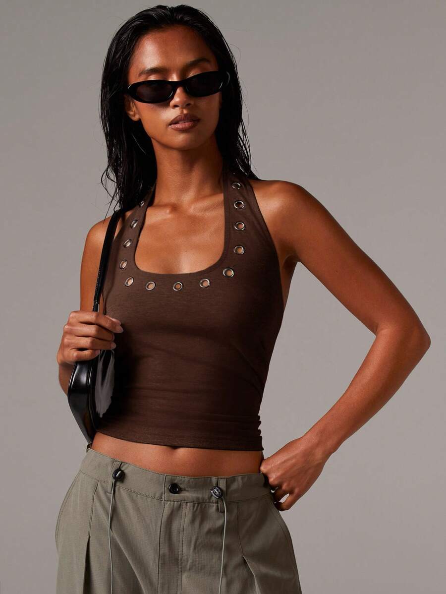 Athîral Women's Halterneck Stud Hardwear Eyelet Jersey Top - Coffee Brown - View 1