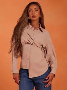 NYA SZN Top à manches longues avec col boutonné, cravate, tenue d'affaires, décontractée de tous les jours, modeste, de bureau, pour l'automne, déclaration, festival pour femmes - Tabac - Voir 4