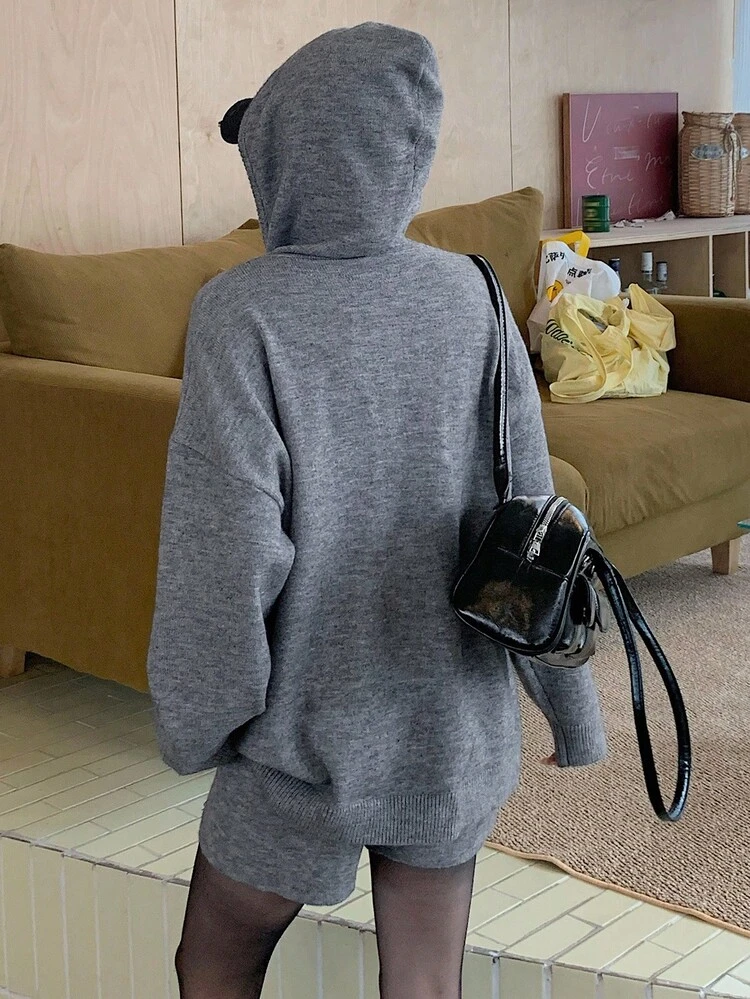 2pcs Women's Solid Color Hoodie And Knitted Shorts Set, Casual Korean Style Fall/Winter