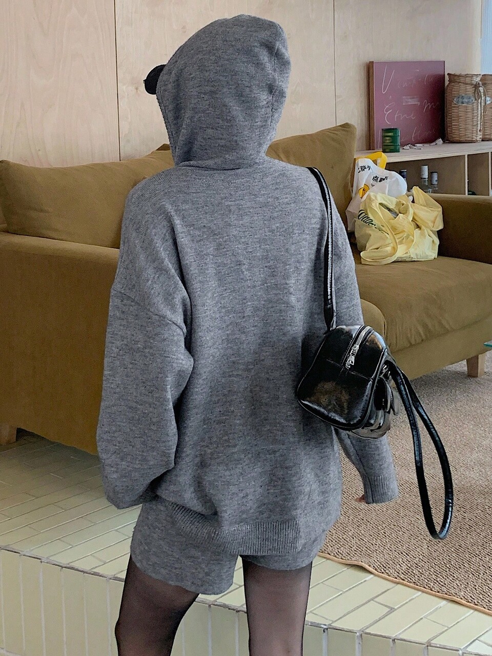 2pcs Women's Solid Color Hoodie And Knitted Shorts Set, Casual Korean Style Fall/Winter