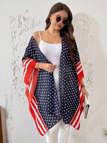 SHEIN LUNE Plus Size Women National Flag Lightweight 4th Of July Cover Up Kimono - Navy Blue - View 4
