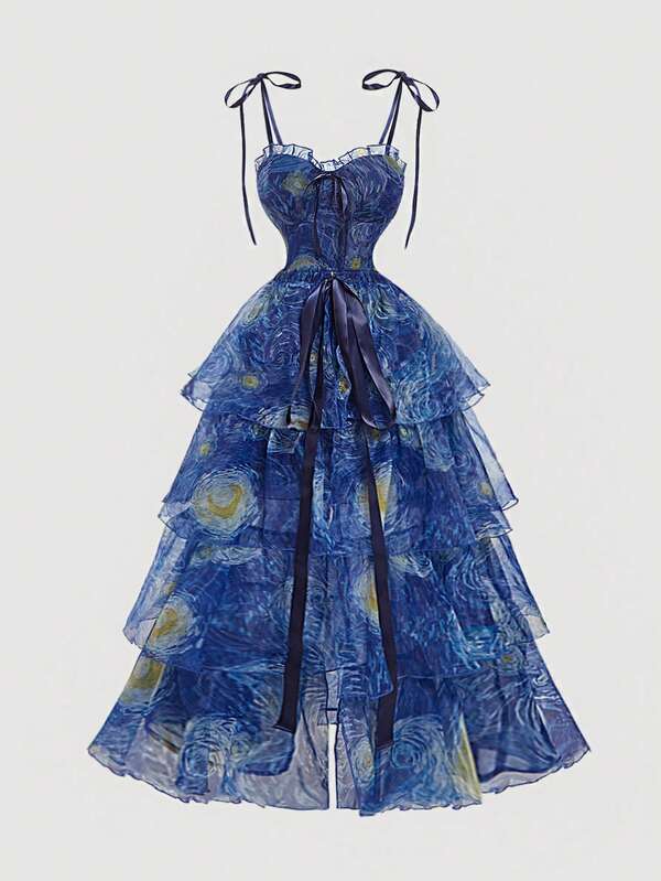 SHEIN MOD Blue Van Gogh Starry Sky Painting Print Long Dress For Women, Party Dress, Multipiece Dress Set