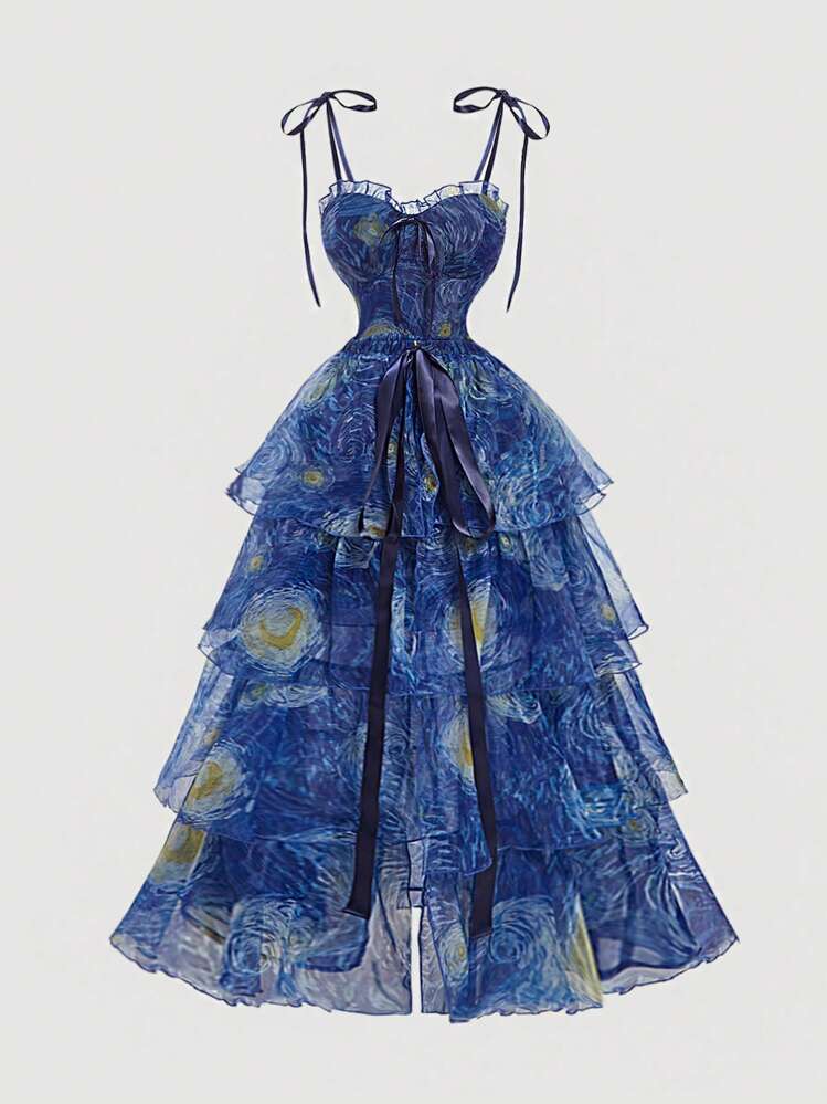 SHEIN MOD Midnight Blue Summer Van Gogh Starry Sky Painting Print Long Dress  For Women,Royalty Date Multipiece Elegant Party Set,Purple Organza Fantasy  Dress | SHEIN USA
