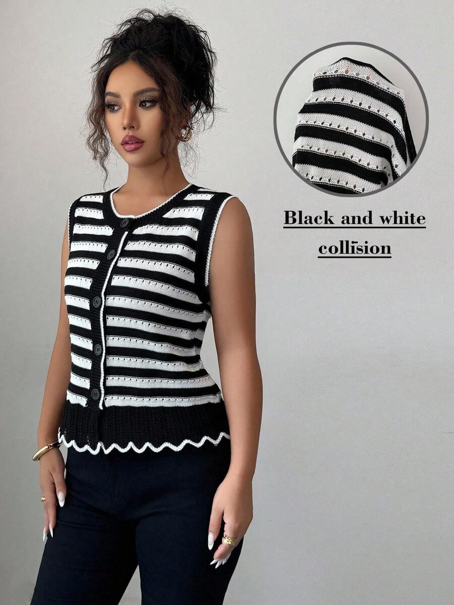 Selianne Sleeveless Round Neck Floral Hem Contrast Color Elegant Romantic Delicate Women Sweater Vest - Black and White - View 1